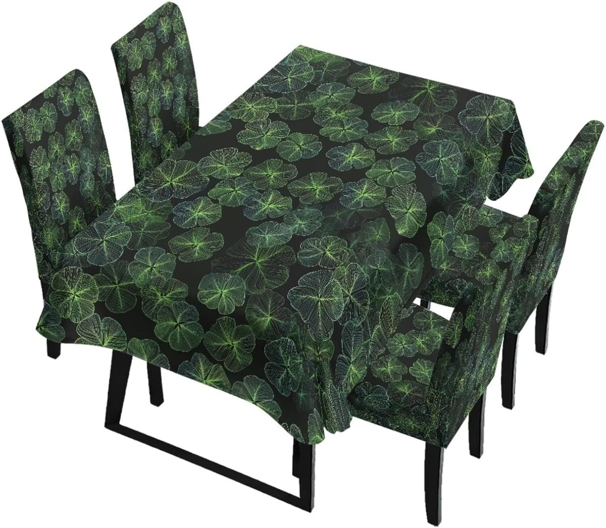 Polynesia Dining Room Chair Cover with Tablecloths 5 Pack, Scratch-Resistant Washable Parsons Chair Slipcovers Removable Table Cloth for Kitchen, Plumeria Floral Monstera Leaf Print Blue