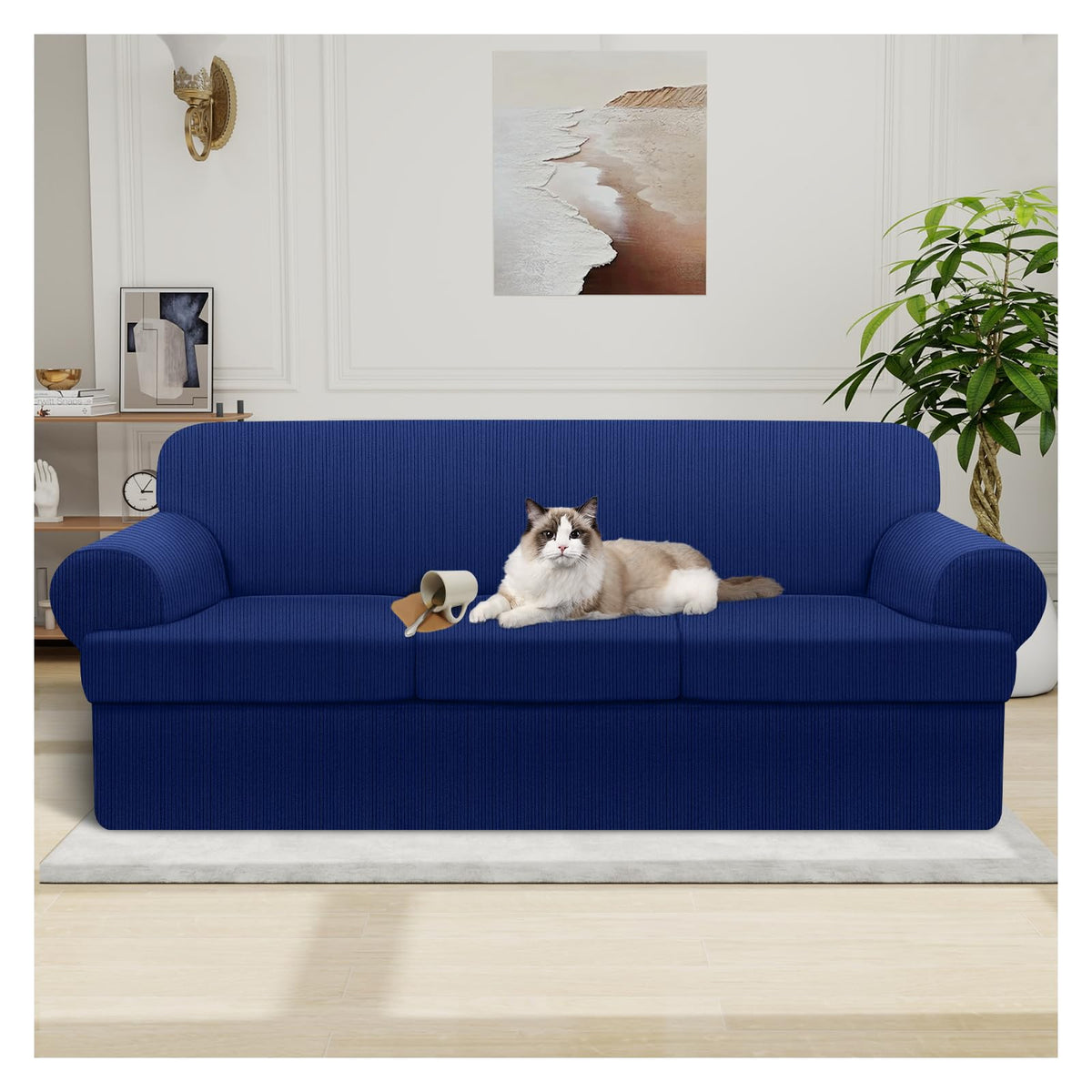 100% WaterproofLoveseat Cover 3-Piece Set Striped Loveseat Slipcovers for 2 Cushion Couch Sofa Covers with TPU Leakproof Bottom Stretch Couch Protector Pet Proof - Loveseat, Navy