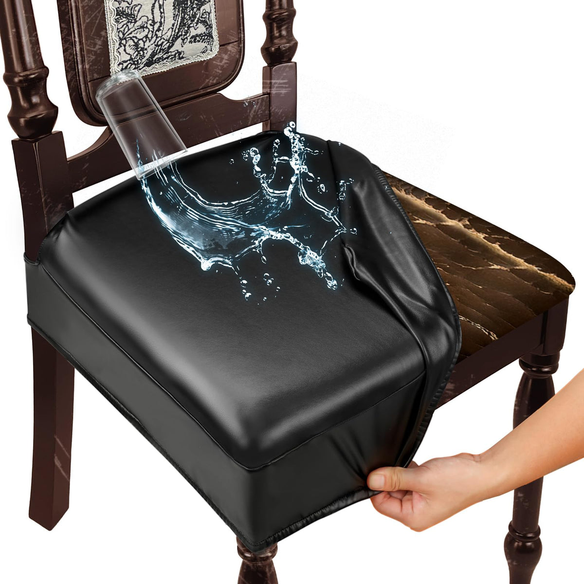 Waterproof Dining Chair Seat Covers Leather Kitchen Seat Covers, Stain Resistant Stretch Chair Seat Covers for Dining Room Chairs Set of 4, Rear Covered Washable Dining Chair Covers Black