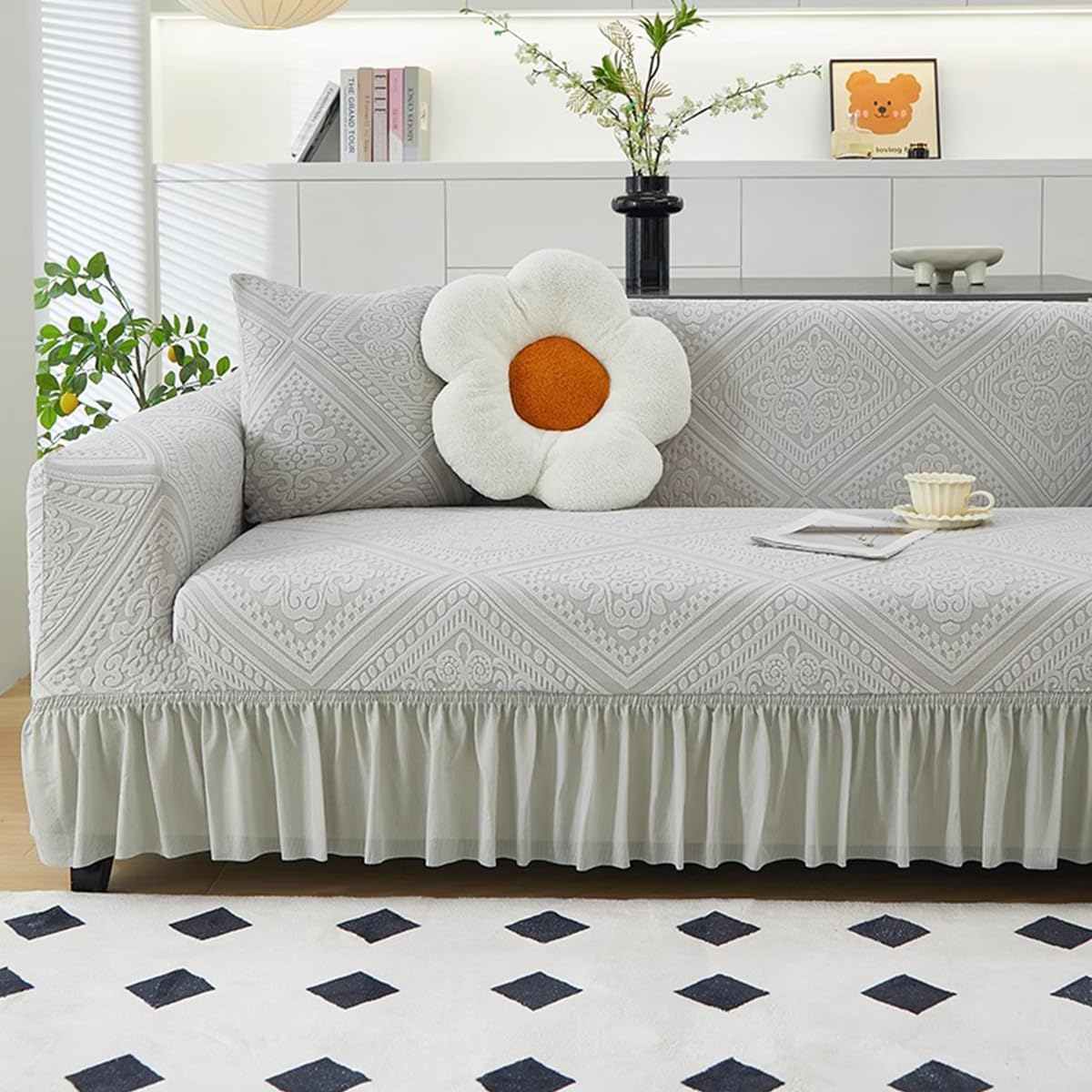 KAIJIE 1 piece Double seat Textured Sofa Slipcover with Ruffle Skirt,Elastic Stretch Fabric，Leaf Pattern Design Thick Anti Slip Protective Cover C-01Haze Blue
