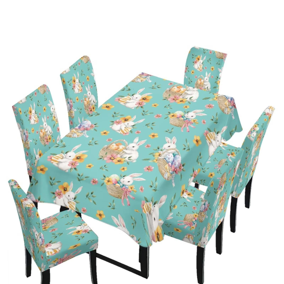 ZDCUSTOM Easter Table and Chair Covers for Parties Purple Bunny Dining Chairs Cover Daisy Tablecloths Rectangular for Easter Party