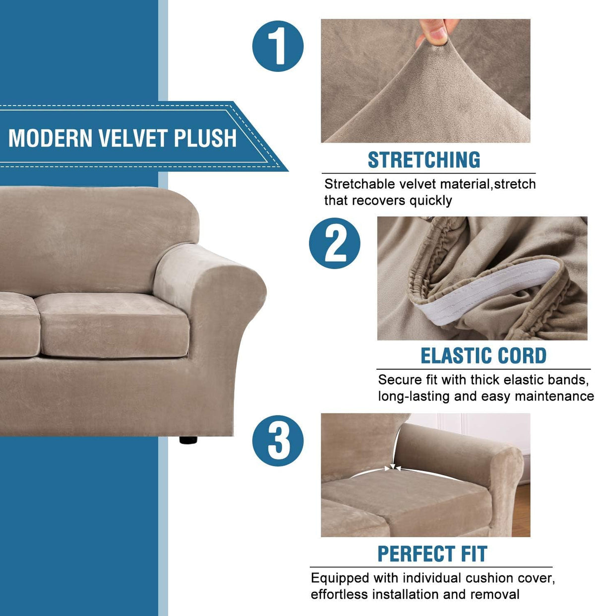 H.VERSAILTEX 4 Pieces Velvet Plush Sofa Slipcover Bundle 3 Pieces Velvet Plush Loveseat Cover, Taupe