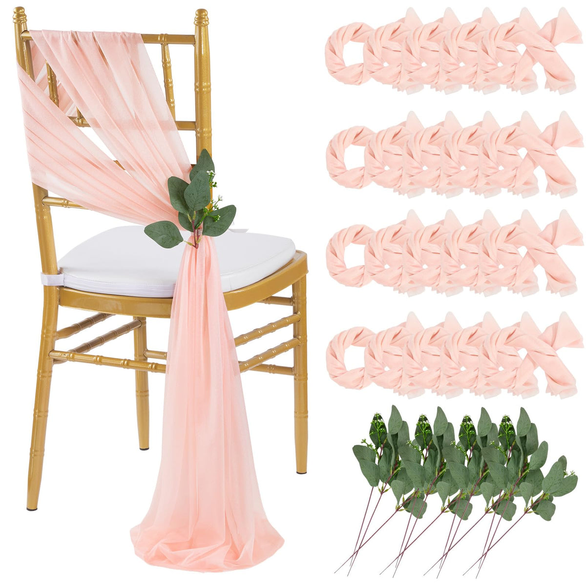 QueenDream White Chair Sashes Wedding Aisle Decorations: 24 Packs 8ft Long Draping Fabric Sheer Church Chair Cover Bulk for Party Banquet