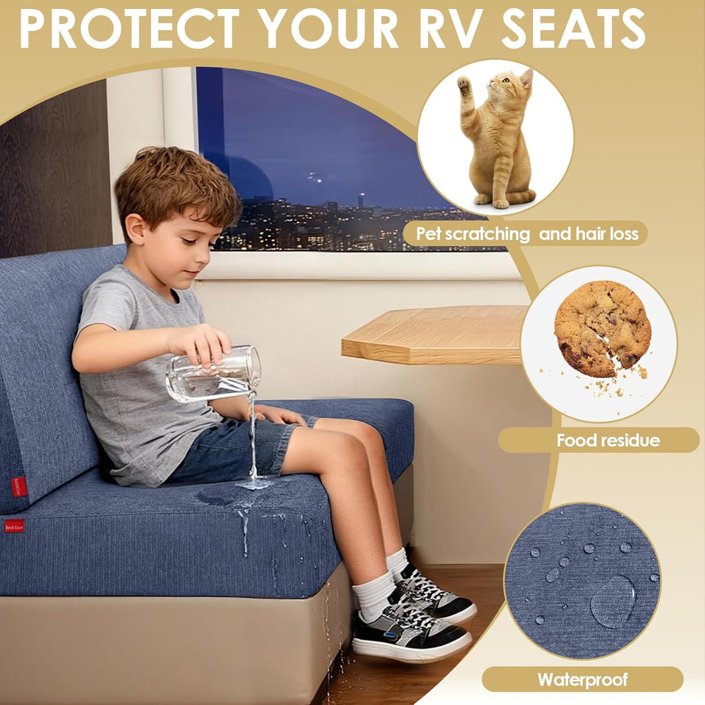 Waterproof RV Dinette Cushion Covers - Stretch Fabric Camper Seat Slipcover Replacement, Washable RV Couch Cover Designed for Camper Car Bench (Loveseat 2 Bench Cover, Blue Grey)