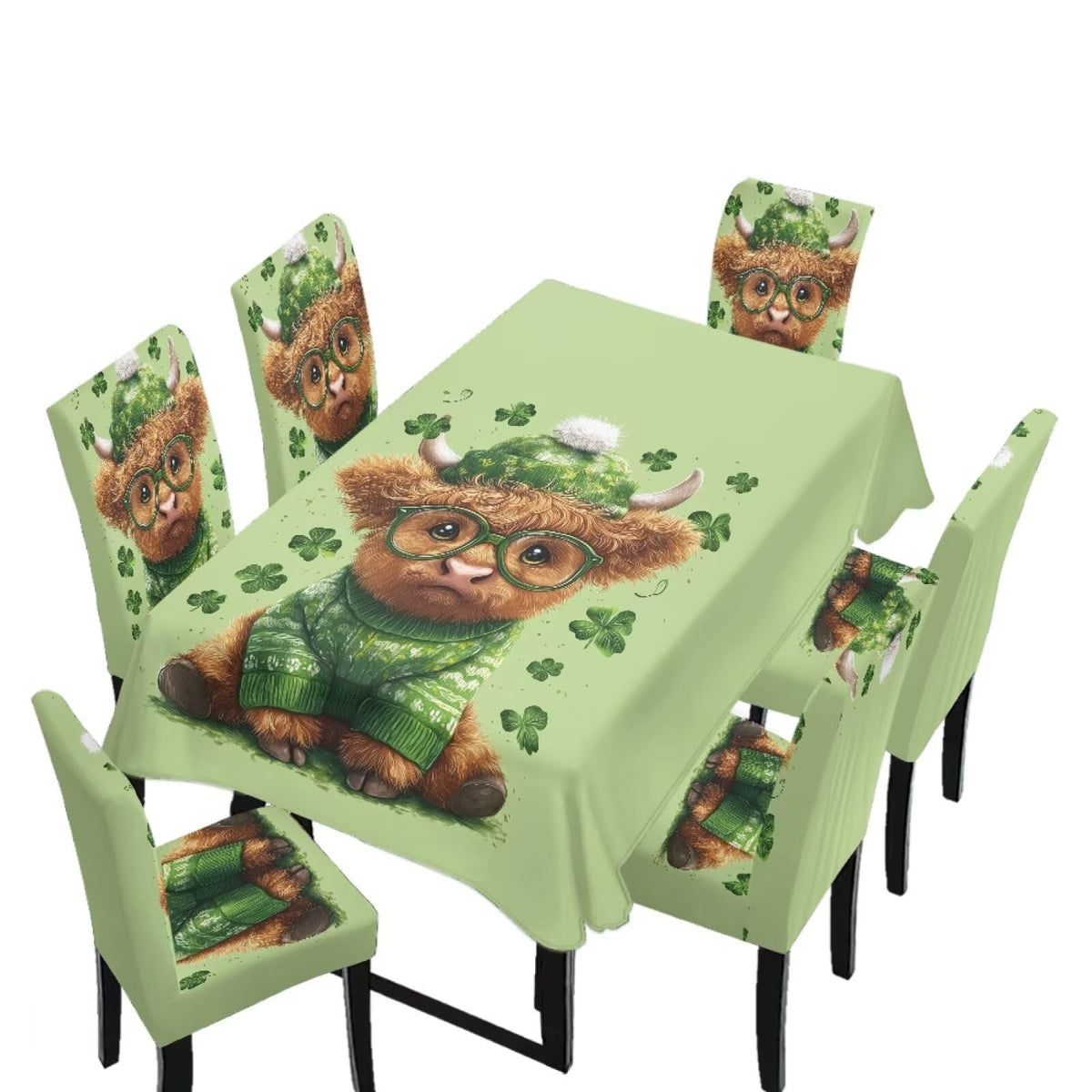 Dining Room Chair Cover and Tablecloths 7 Pack, Stain Resistant Stretch Kitchen Chair Seat Slipcovers Anti-Wrinkle Table Protector for Party, Pastoral Rose Flower Stripes Print Green