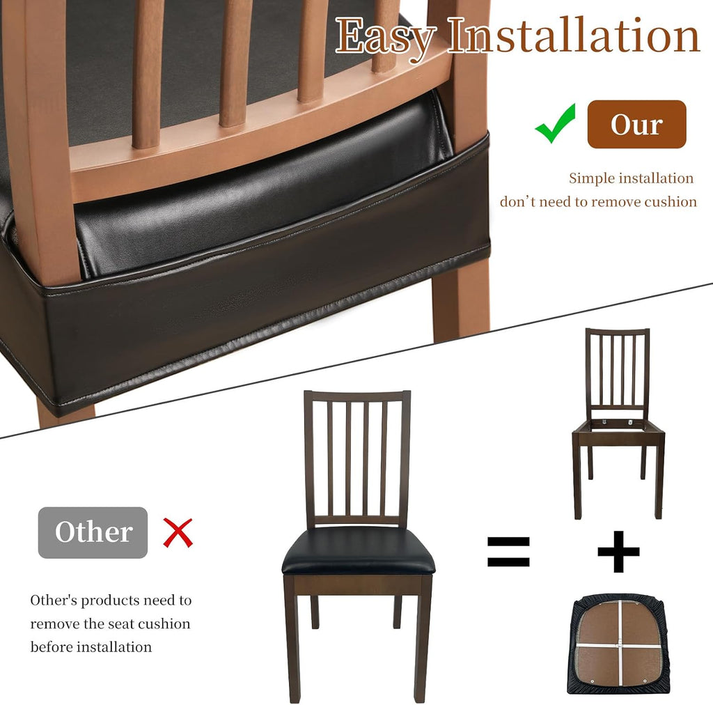 Waterproof Dining Chair Seat Covers Leather Kitchen Seat Covers, Stain Resistant Stretch Chair Seat Covers for Dining Room Chairs Set of 4, Rear Covered Washable Dining Chair Covers Black