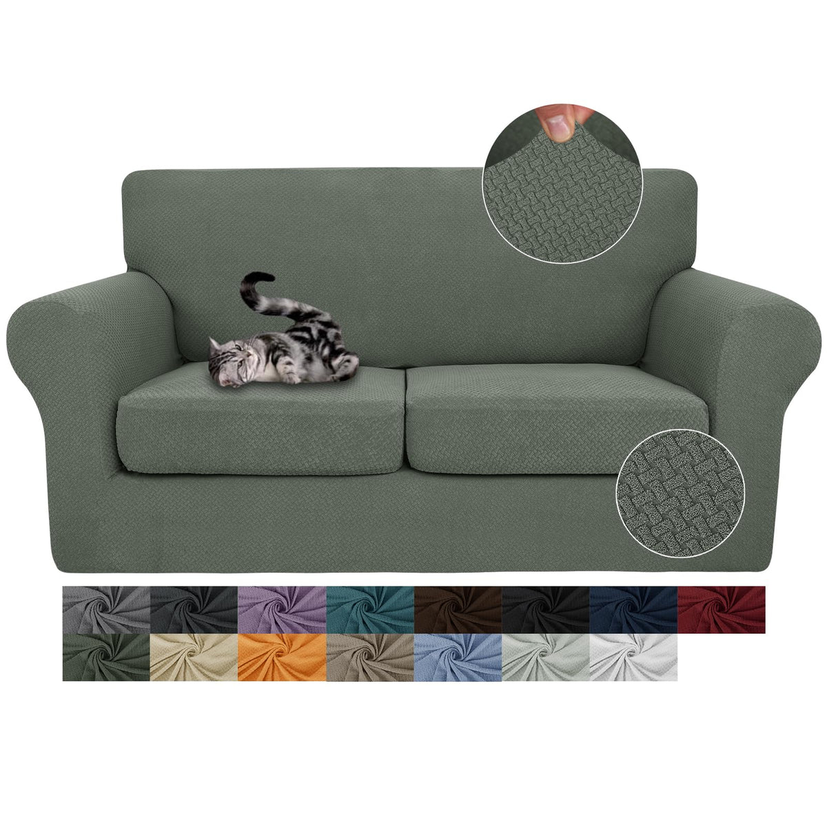 JIVINER 3 Pieces Stretch Couch Covers for 2 Cushion Couch Fitted Thick Loveseat Sofa Slipcover with 2 Seat Cushion Covers for Living Room Pet Dogs (Loveseat, Off White)