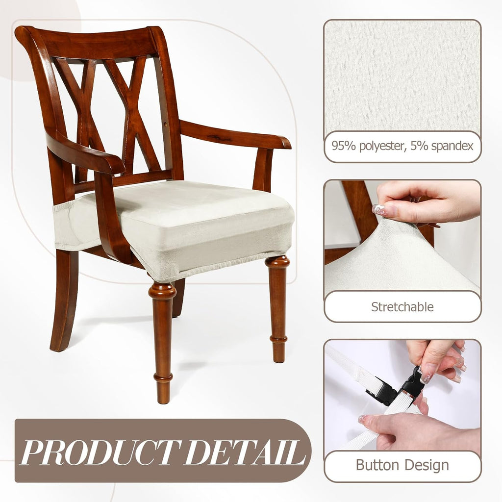 Havawish Extra Wide Dining Chair Seat Covers, Beige White, Velvet, 6 Pcs