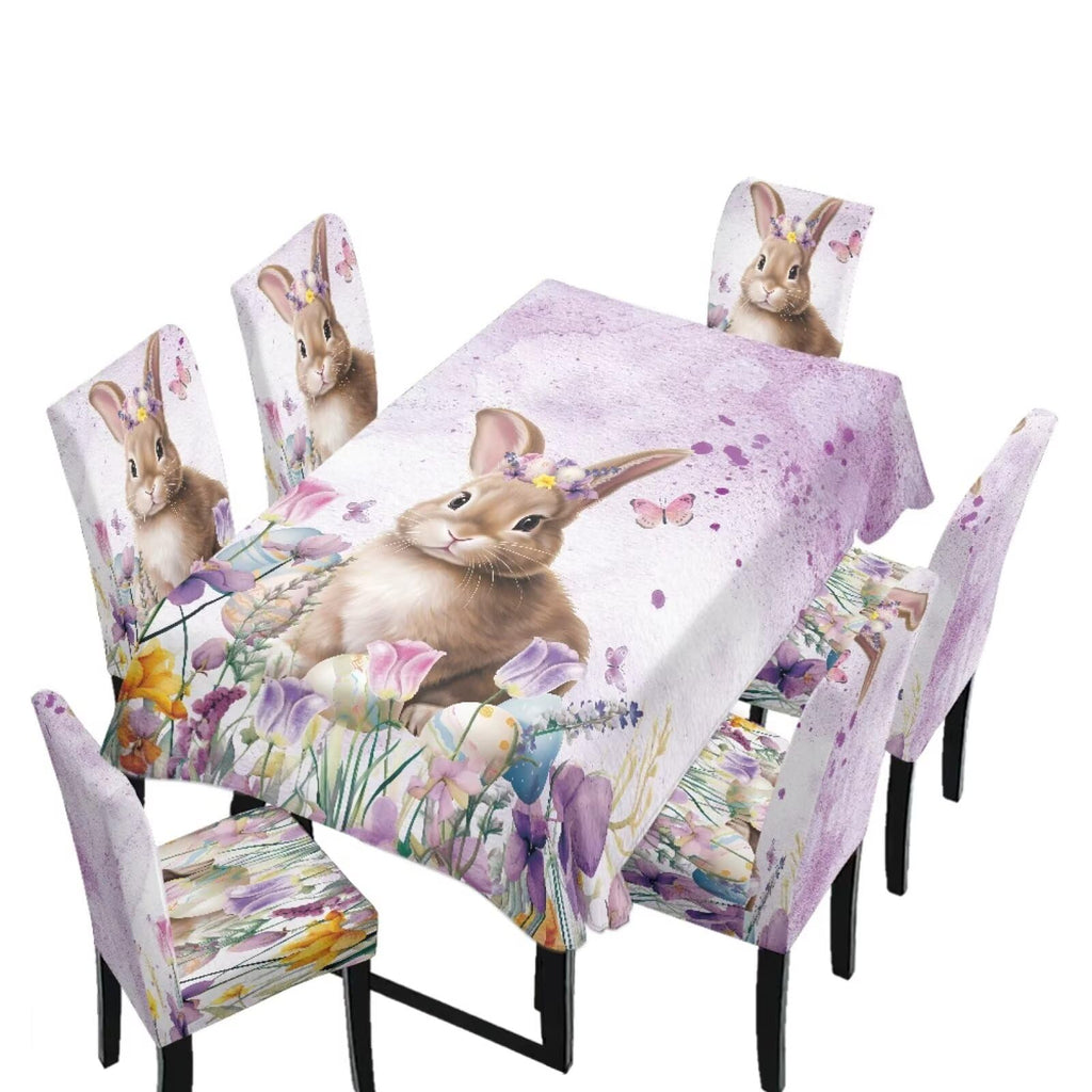 Table Cloth Rectangle Table Set of 7 Include Kitchen Chair Covers and Tablecloths for Dining Room Hotel Banquet, Anti-Scratch Chair Seat Protector Cover, Daisy Hippie Flower Print