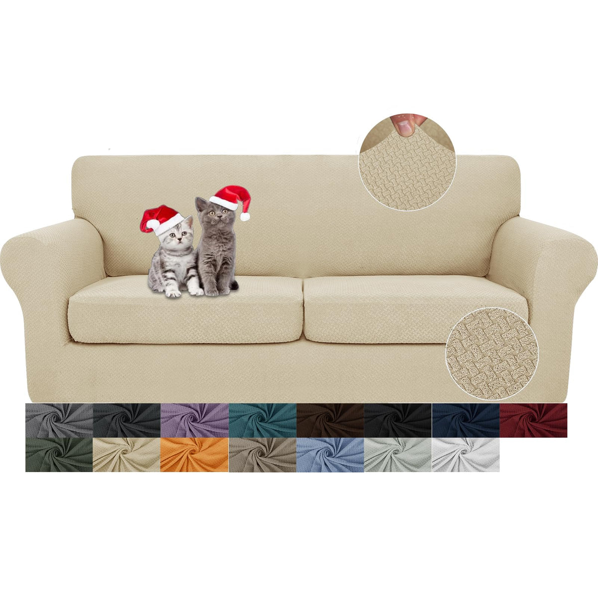 JIVINER 3 Pieces Stretch Couch Covers for 2 Cushion Couch Fitted Thick Loveseat Sofa Slipcover with 2 Seat Cushion Covers for Living Room Pet Dogs (Loveseat, Off White)