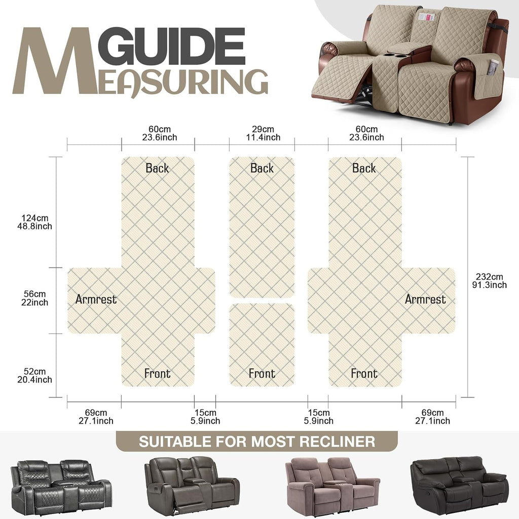 KinCam 100% Waterproof Loveseat Recliner Cover with Console, Khaki
