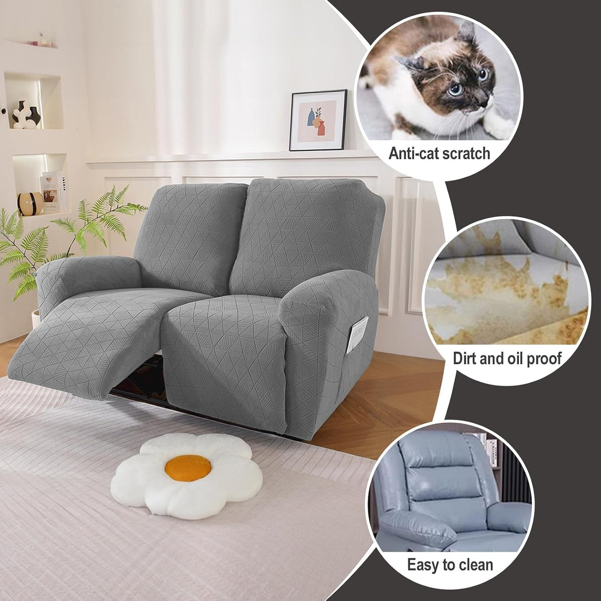 NORTHERN BROTHERS Loveseat Cover - Jacquard Reclining Cover for 2 Seater, Pet Friendly, Light Grey