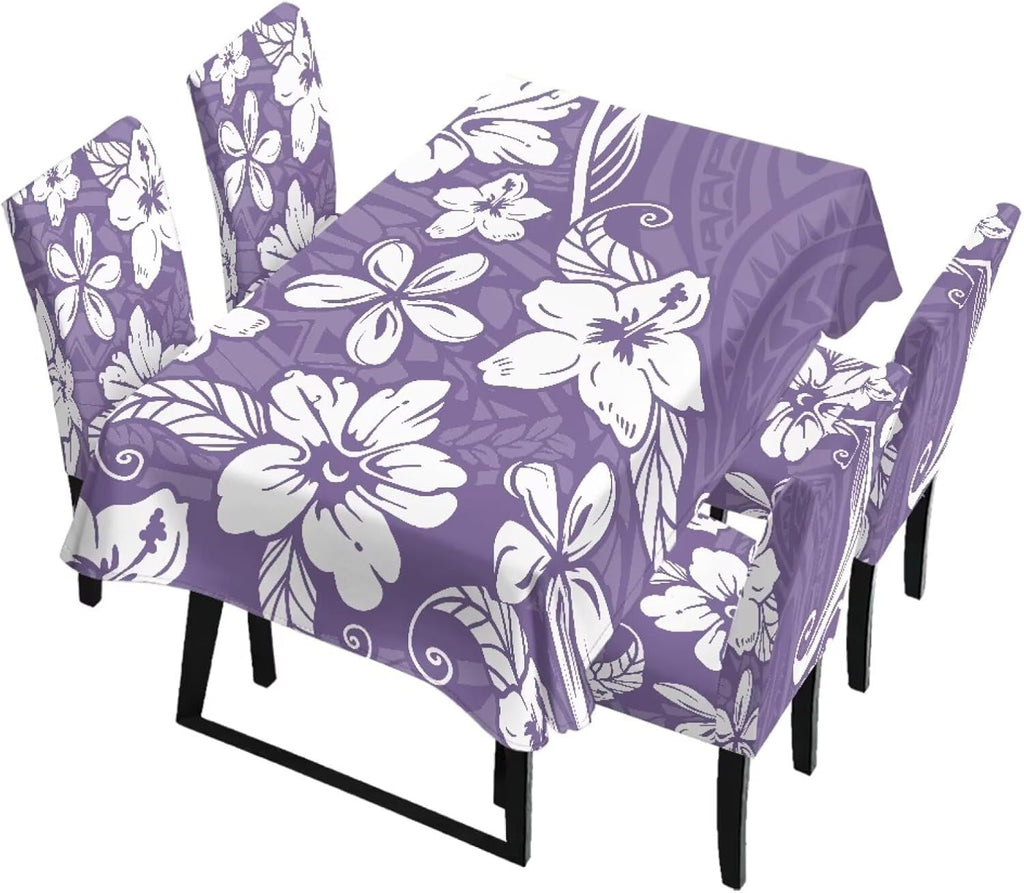 Polynesia Dining Room Chair Cover with Tablecloths 5 Pack, Scratch-Resistant Washable Parsons Chair Slipcovers Removable Table Cloth for Kitchen, Plumeria Floral Monstera Leaf Print Blue
