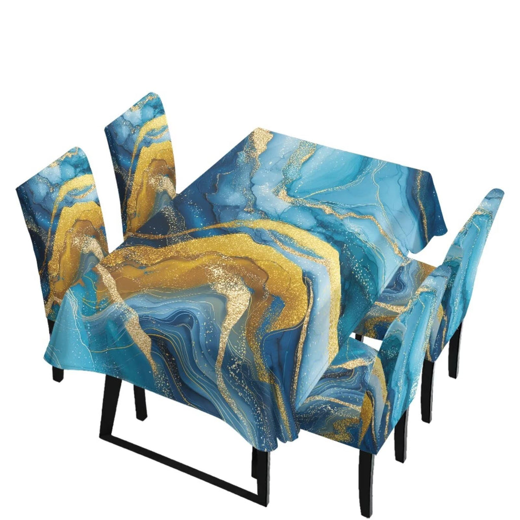 5 Pack Dining Room Chair Cover Set and Table Cloth Rectangle, Dust Proof Machine Washable Tablecloths Comfortable Chair Seat Slipcovers for Restaurant Decor, Abstract Fluid Marble