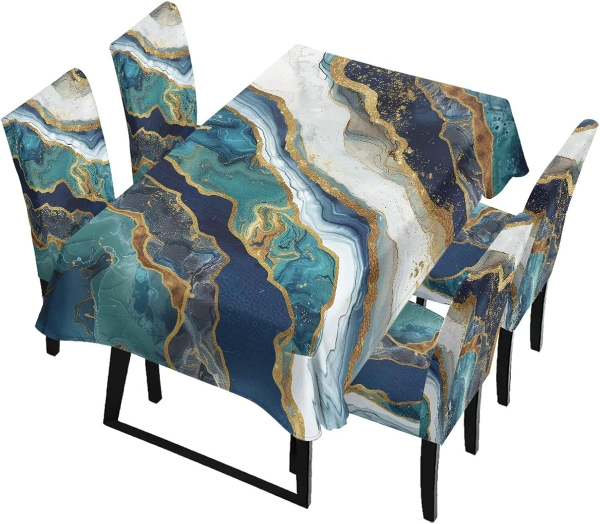 5 Pack Dining Table Cloth Rectangle 4 Seater Includes Kitchen Chair Covers, Stretch Seat Covers for Dining Chairs Anti-dust Washable Table Protector, Tribe Aztec Geometry Print