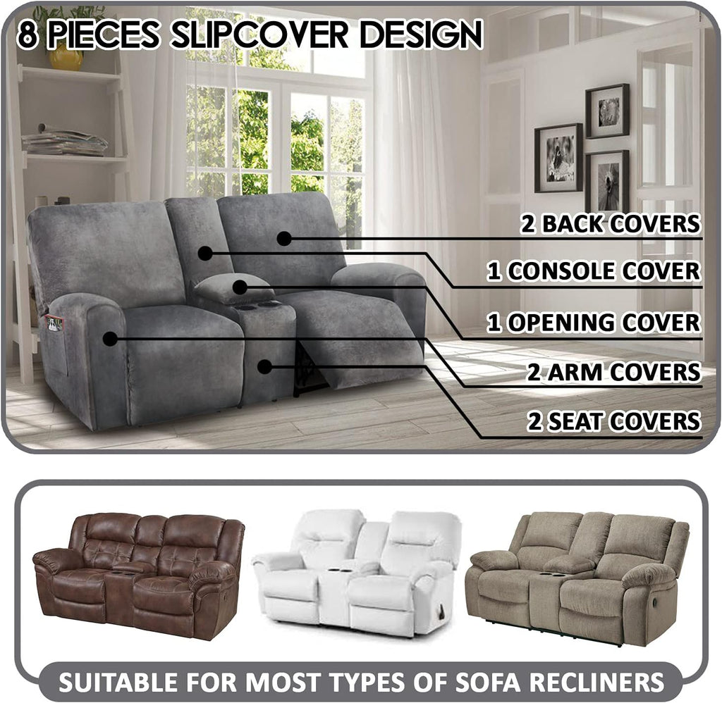 ULTICOR Reclining Loveseat with Middle Console Slipcover, 8-Piece Velvet Stretch Sofa Covers, 2 seat Loveseat Recliner Cover, Thick, Soft, Washable(Dark Grey)