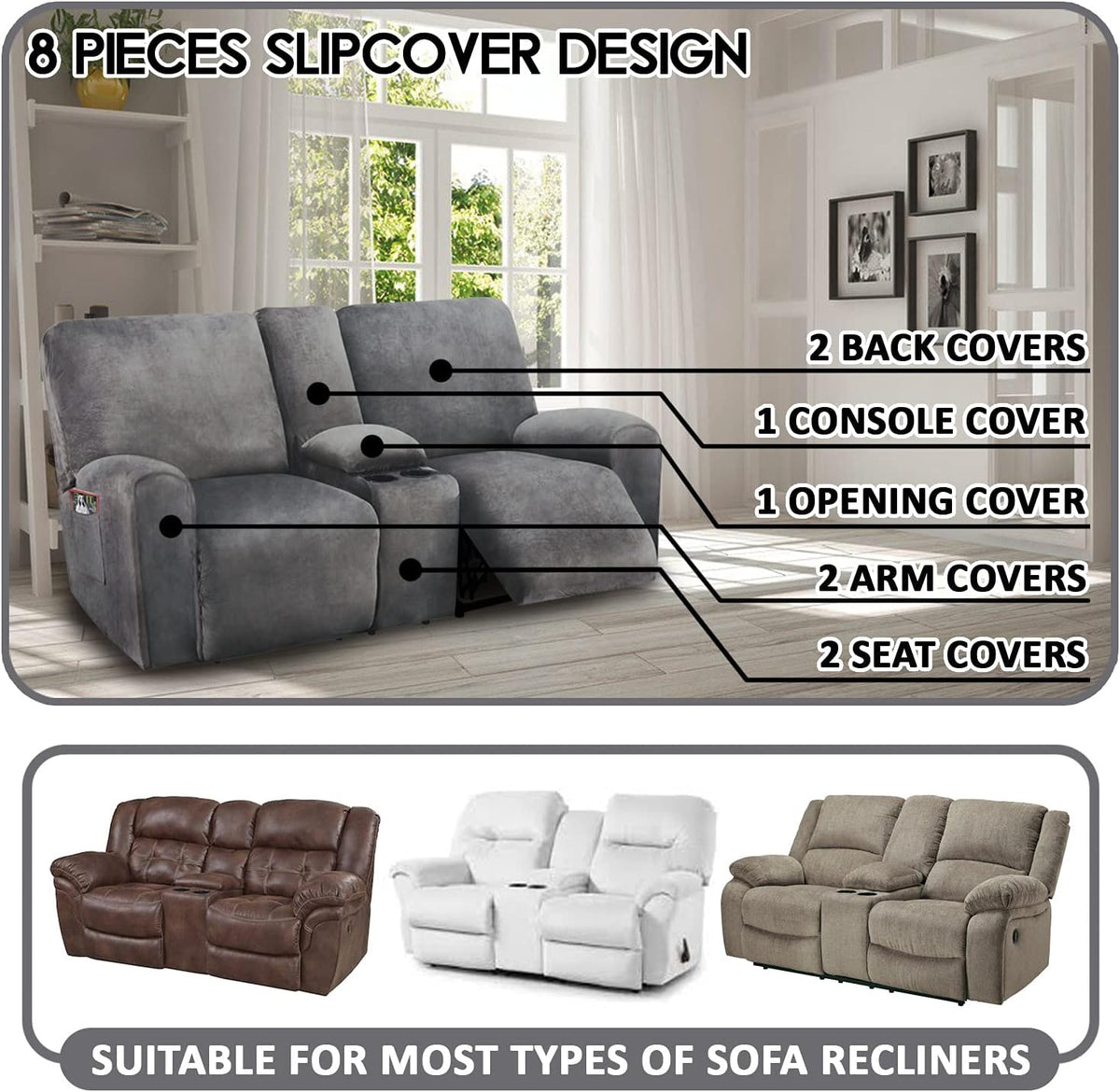 ULTICOR Reclining Loveseat with Middle Console Slipcover, 8-Piece Velvet Stretch Sofa Covers, 2 seat Loveseat Recliner Cover, Thick, Soft, Washable(Dark Grey)