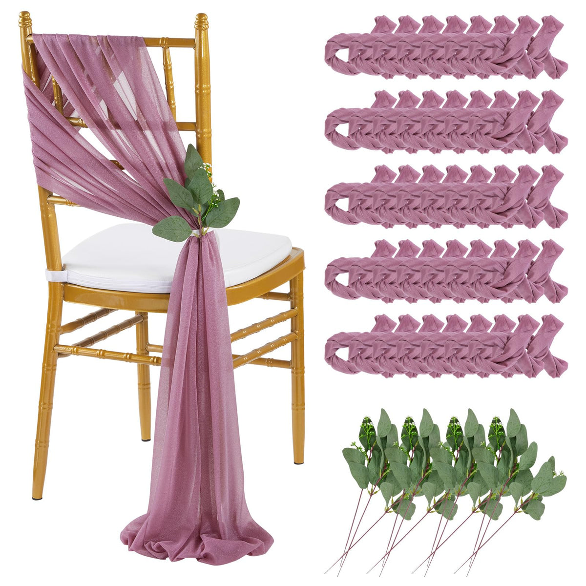 QueenDream White Chair Sashes Wedding Aisle Decorations: 24 Packs 8ft Long Draping Fabric Sheer Church Chair Cover Bulk for Party Banquet
