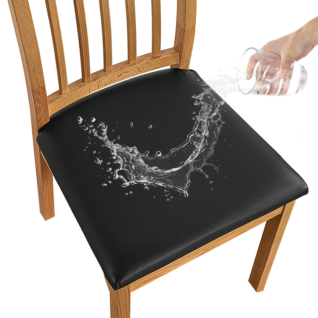 Dioxide Seat Covers Waterproof PU Leather Chair Covers Set of 6 for Dining Chairs,Stretch Fit Removable Chair Seat Protector Slipcovers with Elastic Band for Kitchen, Hotel (Black)