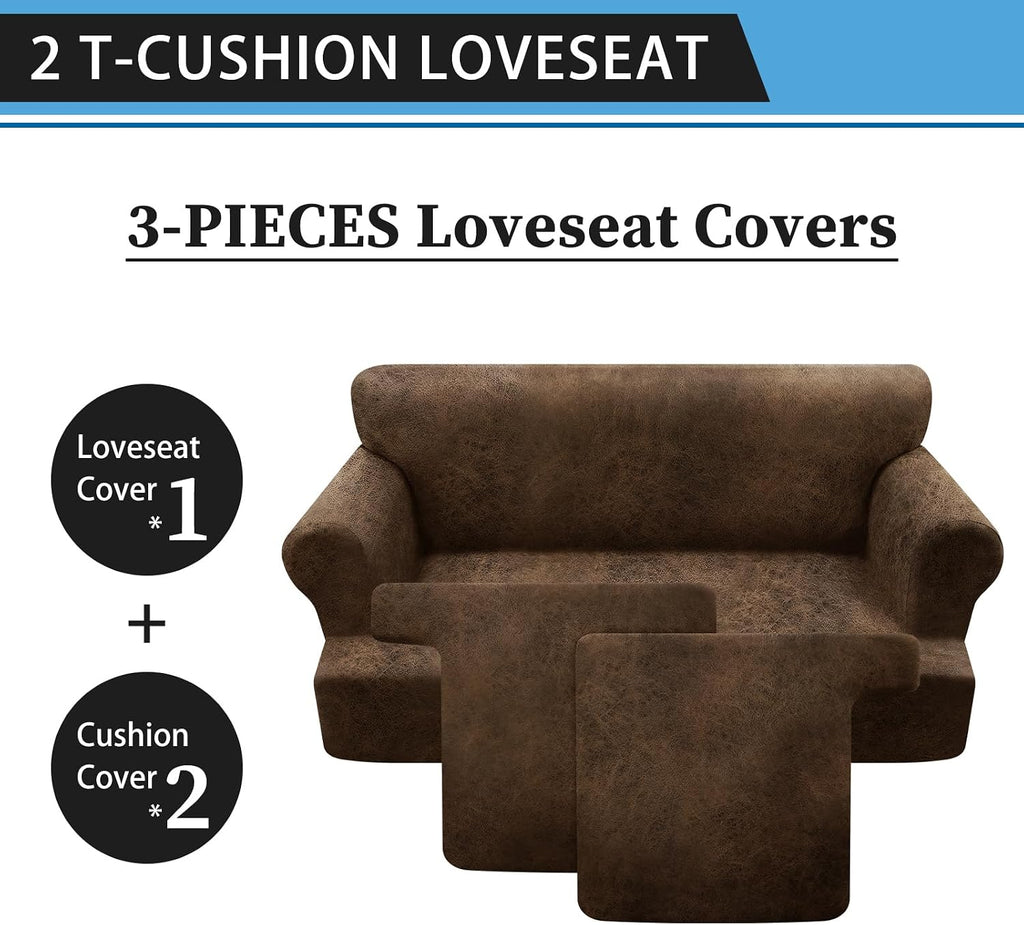 3-Pieces T Cushion Loveseat Slipcovers Leather Look Couch Cover Loveseat Covers for 2 Cushion Couch Furniture Protector Stretch Sofa Cover with 2 Individual T Cushion Seat Covers, Brown