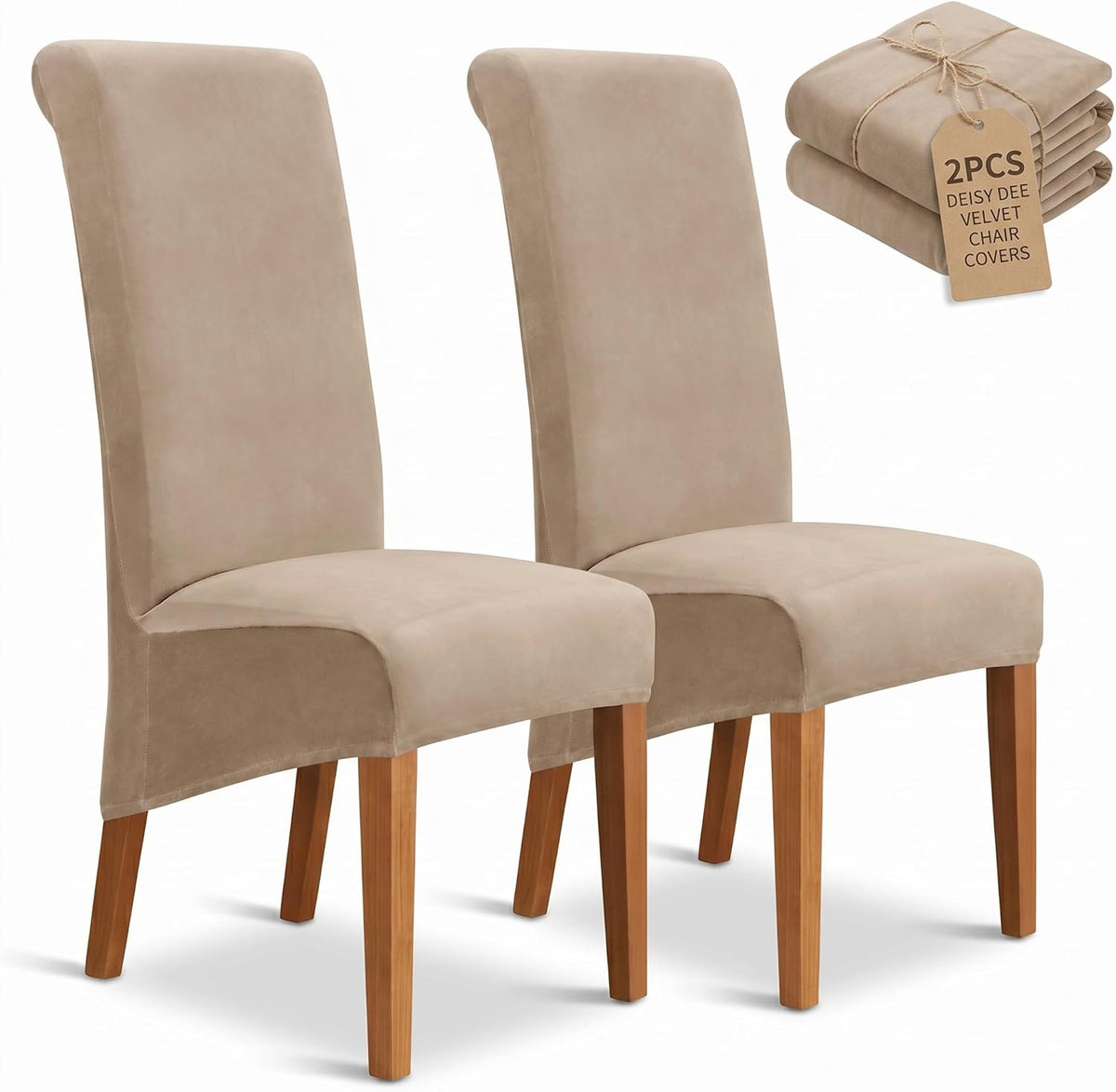 Velvet Dining Chair Covers Set of 2, Extra Large XL Oversized Stretch Parsons Chair Slipcovers for High Back Dining Room Kitchen, Non-Slip Removable Washable Chair Protectors,Khaki