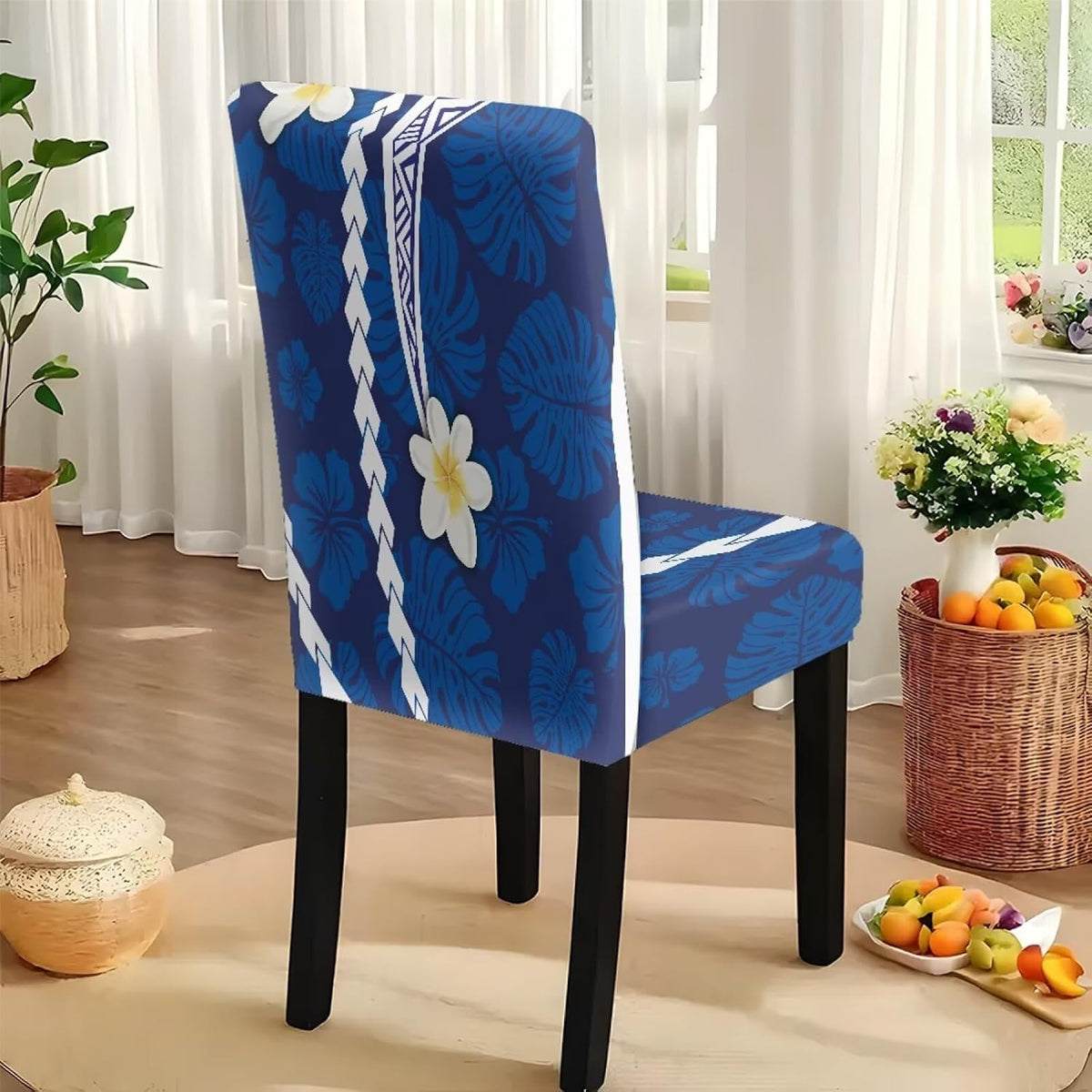 Polynesia Dining Room Chair Cover with Tablecloths 5 Pack, Scratch-Resistant Washable Parsons Chair Slipcovers Removable Table Cloth for Kitchen, Plumeria Floral Monstera Leaf Print Blue