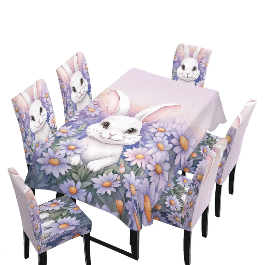 Table Cloth Rectangle Table Set of 5 Include Dining Chair Covers and Tablecloths for Dining Room Banquet, Anti-Scratch Chair Seat Protector Cover, Hummingbird Sunflower Tribe Print