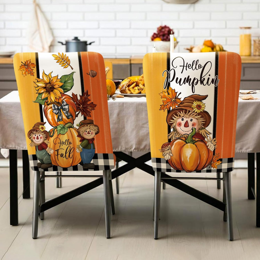 Chair Covers Set of 6 Dining Protector Stretch Autumn Pumpkin Scarecrow Maple Leaves Slipcovers Removable Washable for Dining Hotel Party Wedding