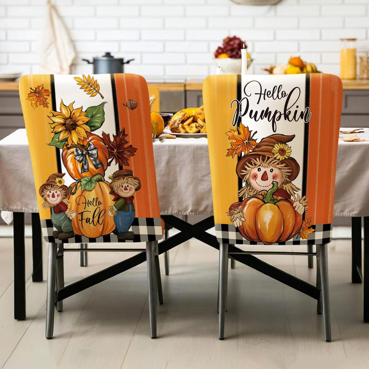 Chair Covers Set of 6 Dining Protector Stretch Autumn Pumpkin Scarecrow Maple Leaves Slipcovers Removable Washable for Dining Hotel Party Wedding