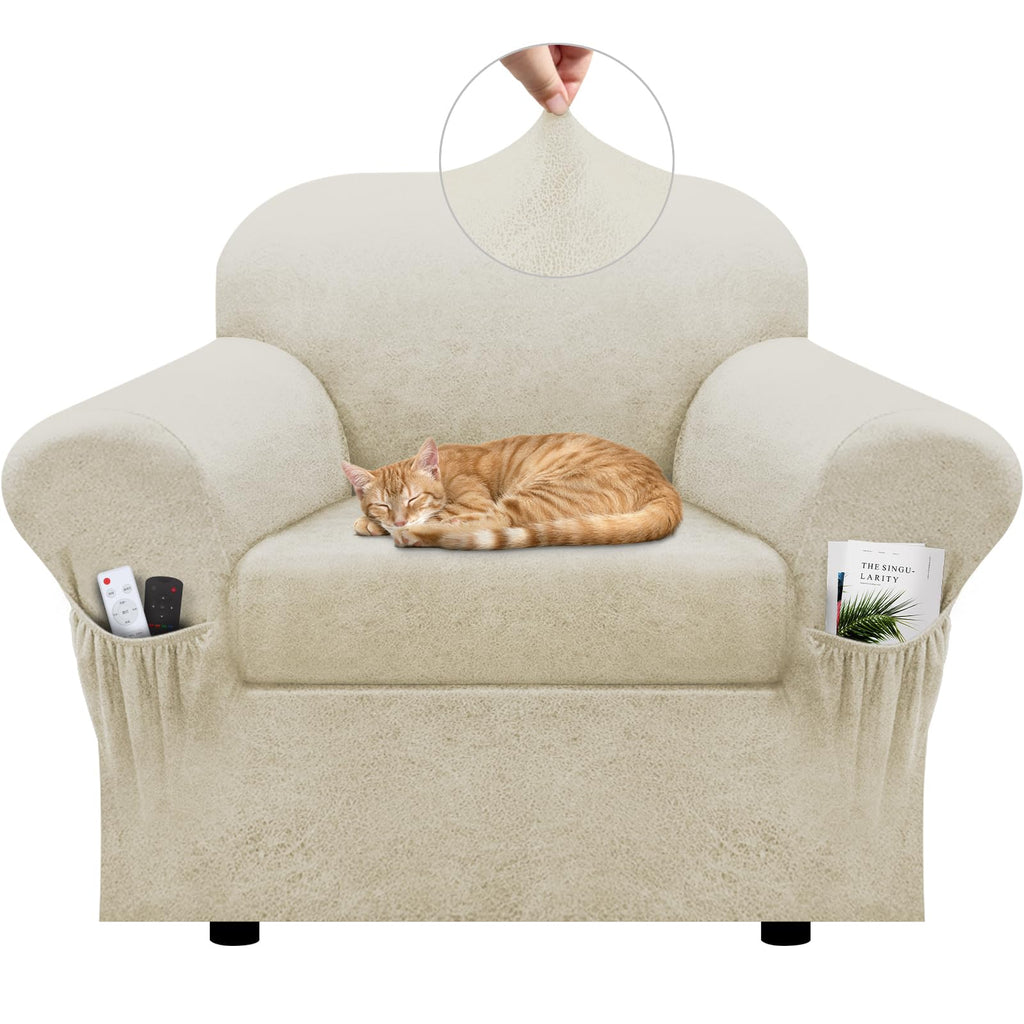 Loveseat Slipcover with Armrest Pockets 3-Piece Set, Stretch Faux Leather Love Seat Covers for 2-Cushion Couches(Fits 58-66") - Non-Slip, Machine Washable, Pet & Kid Friendly - Beige