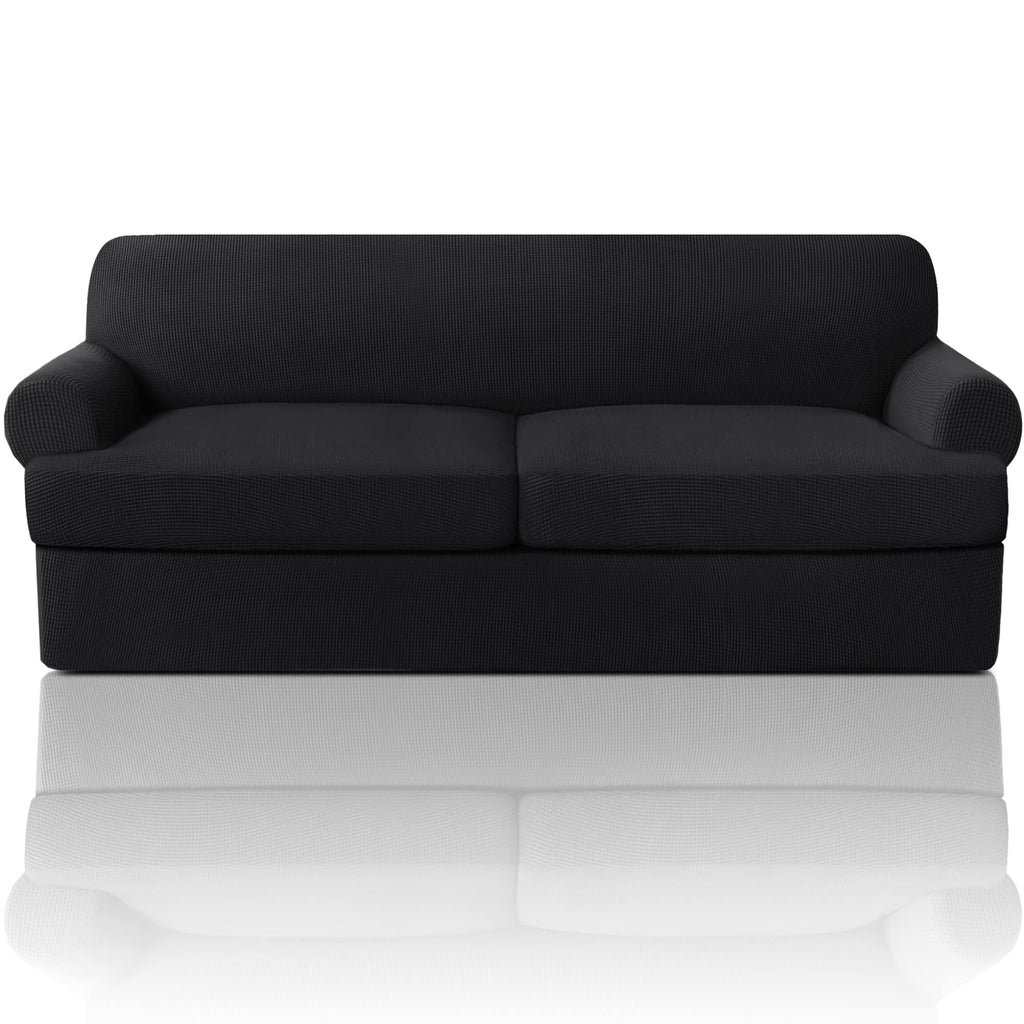 PrinceDeco T Cushion Loveseat Slipcover - 3 Pieces Sofa Cover for 2 Cushion Couch with 2 Individual T Shape Seat Covers Width Up to 76 Inch - Stretch, Machine Washable, Porcelain