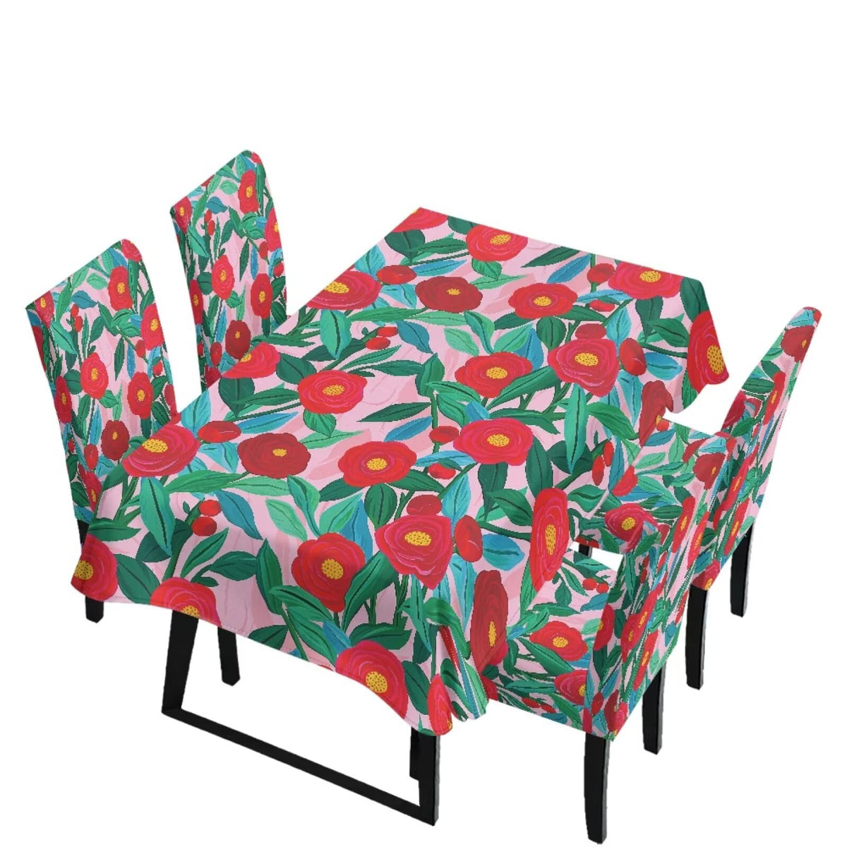 Dining Room Chair Cover and Tablecloths 7 Pack, Stain Resistant Stretch Kitchen Chair Seat Slipcovers Anti-Wrinkle Table Protector for Party, Pastoral Rose Flower Stripes Print Green