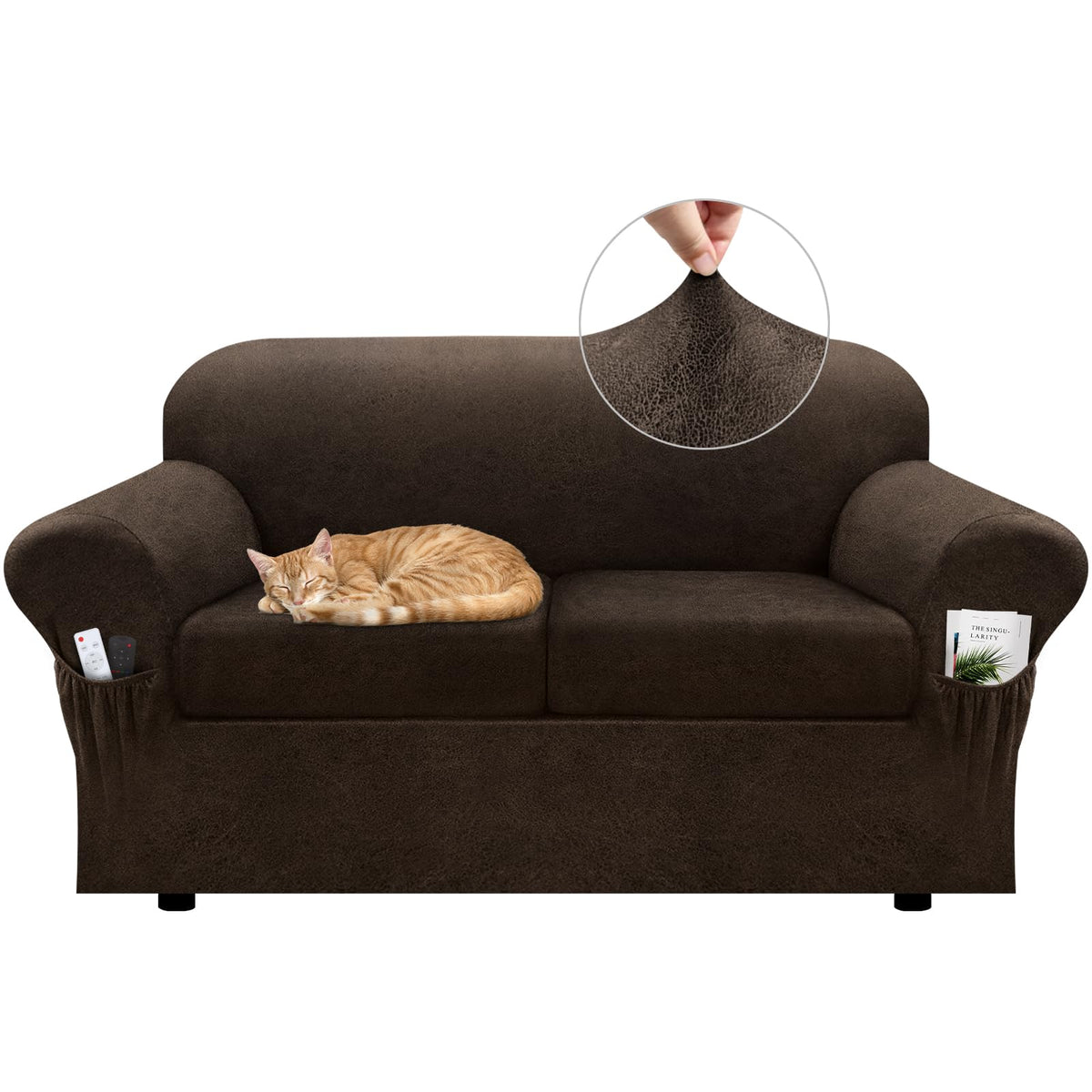 Loveseat Slipcover with Armrest Pockets 3-Piece Set, Stretch Faux Leather Love Seat Covers for 2-Cushion Couches(Fits 58-66") - Non-Slip, Machine Washable, Pet & Kid Friendly - Beige