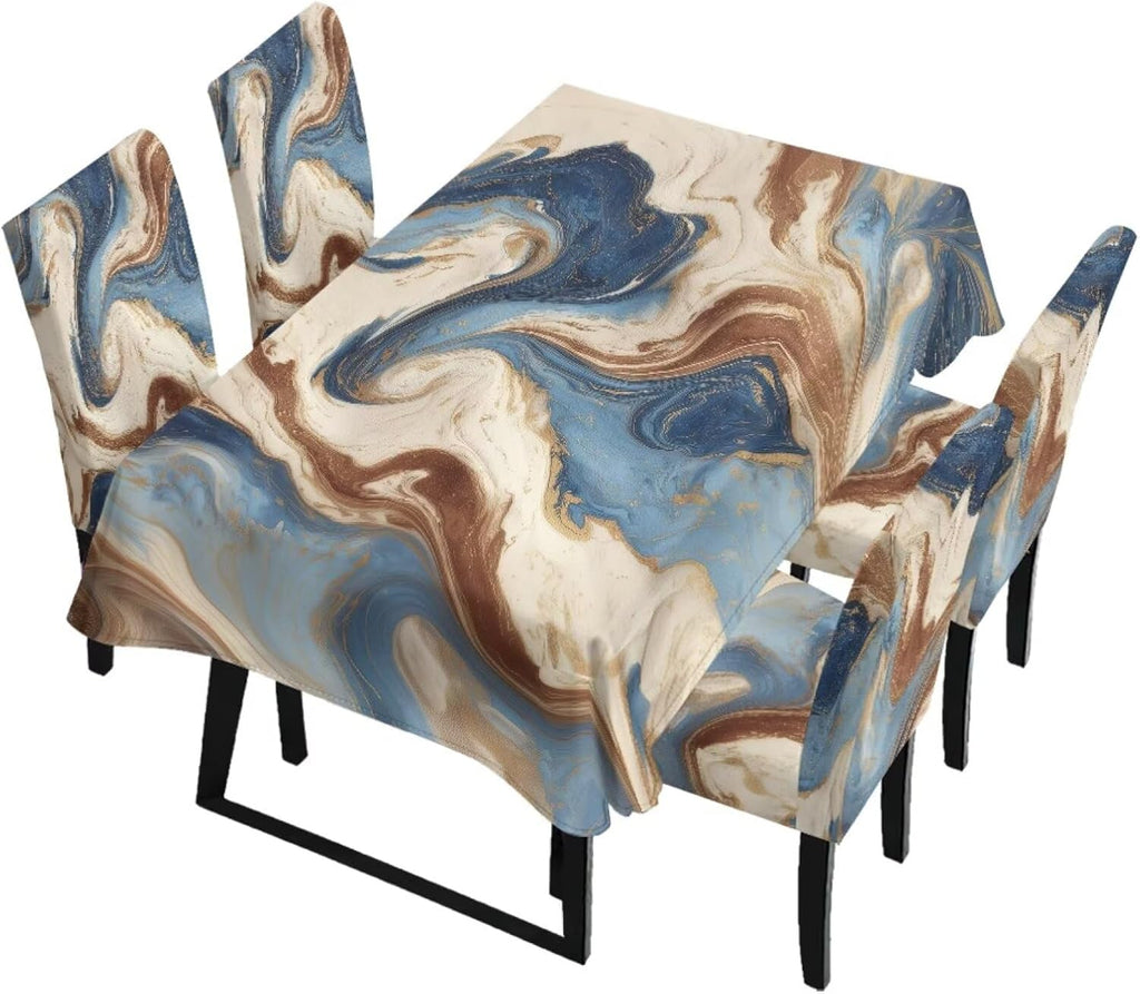 5 Pack Dining Room Chair Cover Set and Table Cloth Rectangle, Dust Proof Machine Washable Tablecloths Comfortable Chair Seat Slipcovers for Restaurant Decor, Abstract Fluid Marble