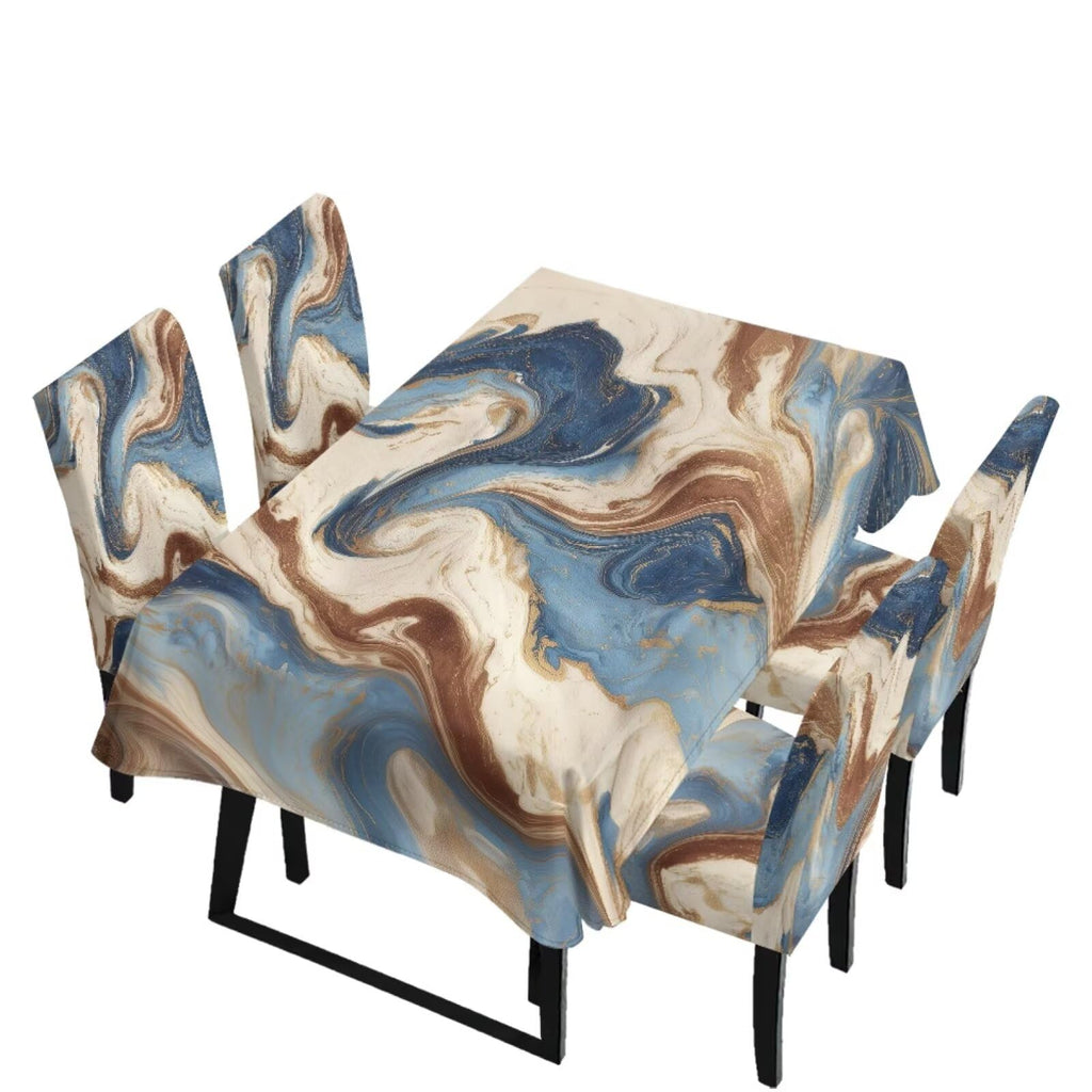 5 Pack Dining Room Chair Cover Set and Table Cloth Rectangle, Dust Proof Machine Washable Tablecloths Comfortable Chair Seat Slipcovers for Restaurant Decor, Abstract Fluid Marble