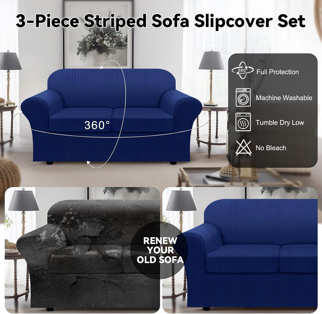 100% WaterproofLoveseat Cover 3-Piece Set Striped Loveseat Slipcovers for 2 Cushion Couch Sofa Covers with TPU Leakproof Bottom Stretch Couch Protector Pet Proof - Loveseat, Navy
