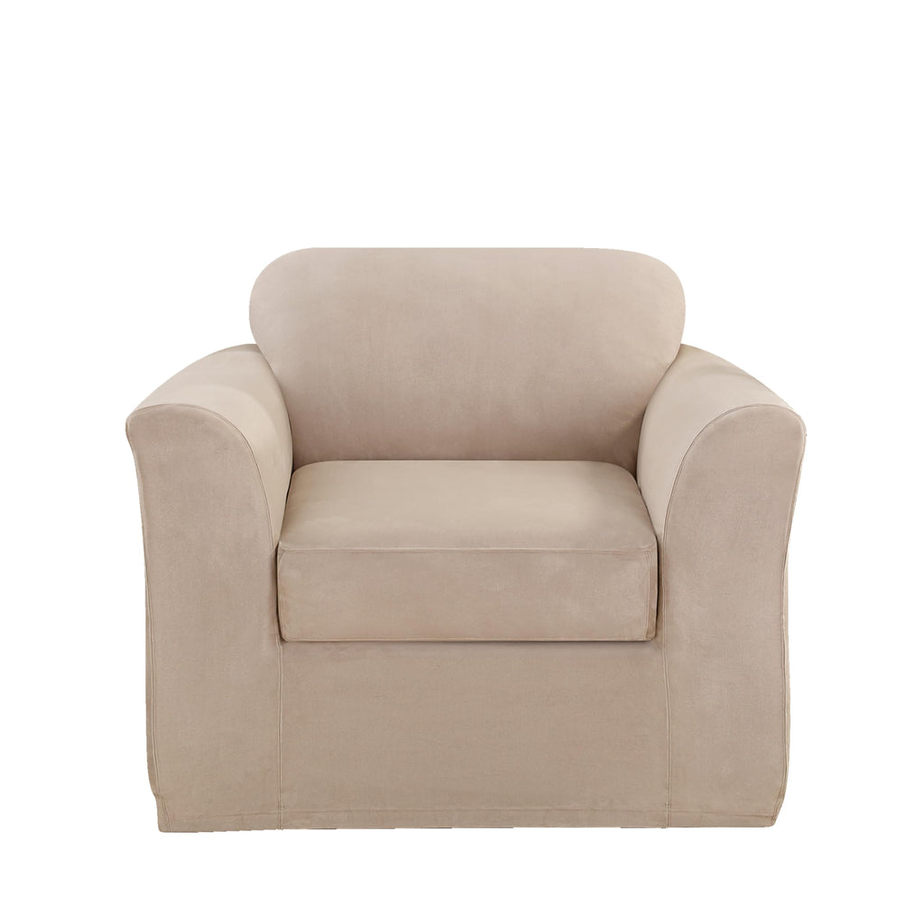 SureFit Home Décor Soft Suede Box Cushion Loveseat One Piece Slipcover, Relaxed Fit, Polyester, Machine Washable, Chocolate Color