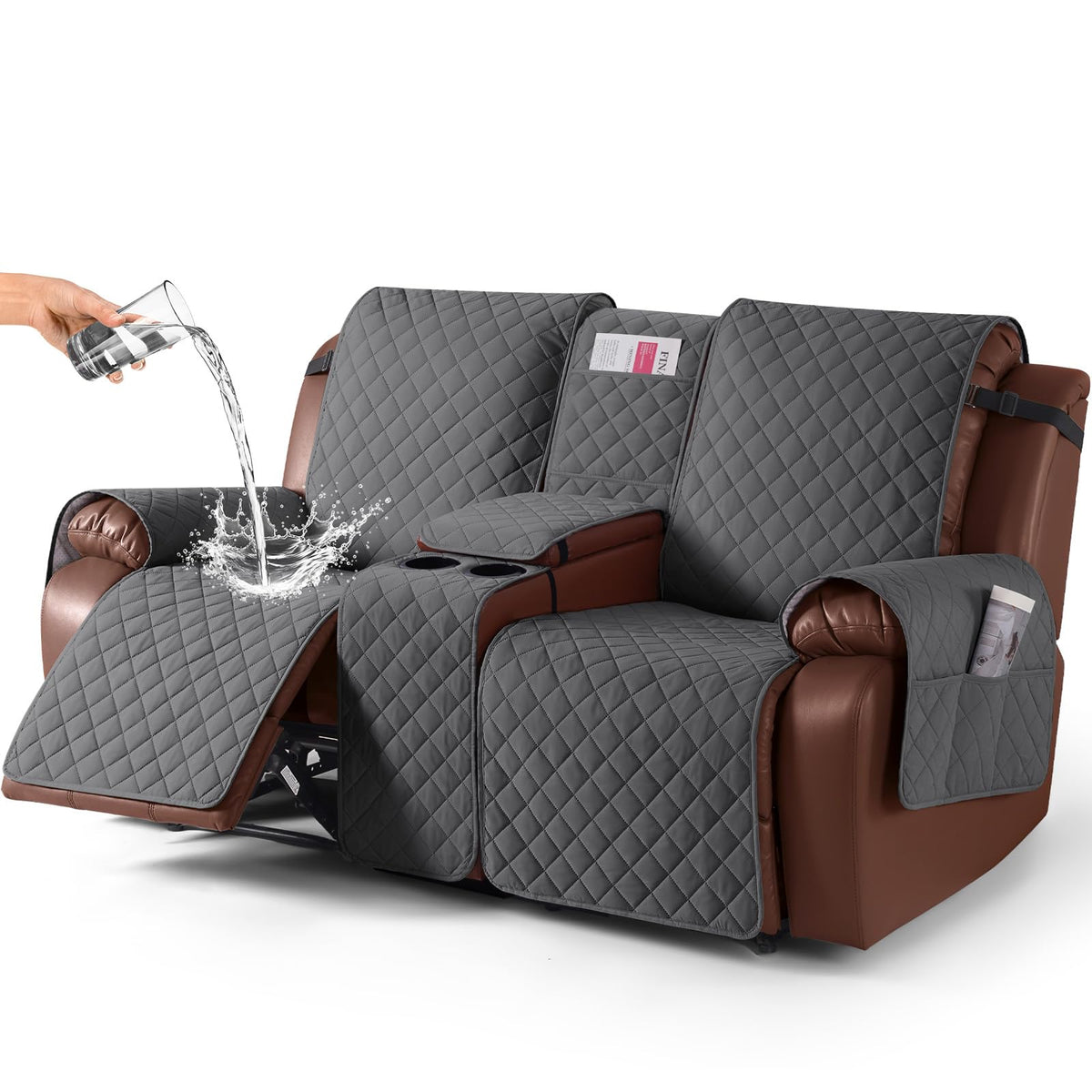 KinCam 100% Waterproof Loveseat Recliner Cover with Console, Khaki