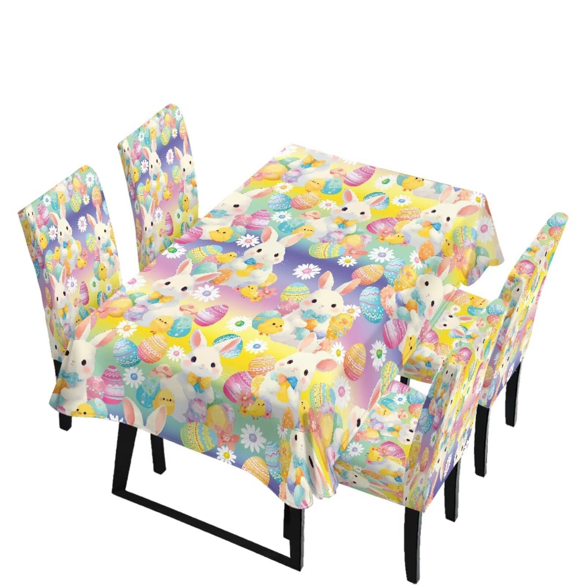 Table Cloth Rectangle Table Set of 5 Include Kitchen Chair Covers and Tablecloths for Dining Room Easter Decor, Anti-Scratch Chair Seat Protector Cover, Blue Cartoon Rabbit Carrot Dot