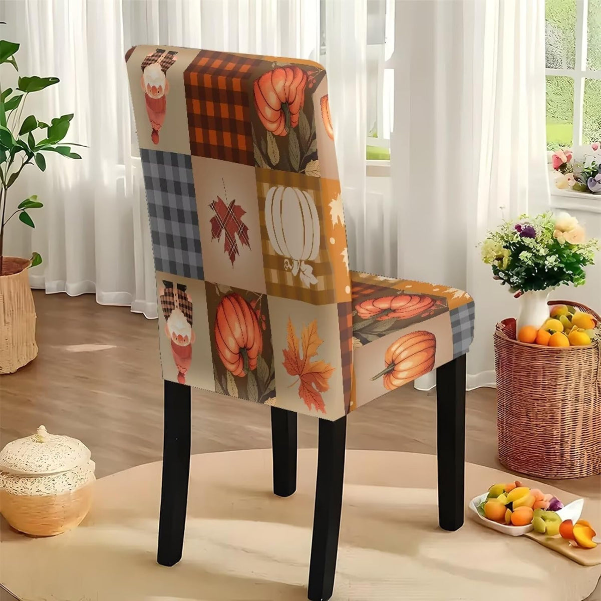 Fall Pumpkin Rectangular Table Cloth & Dining Chair Covers Set of 7, Stain Resistant Wipeable Chair Protectors for Farmhouse Rustic Home Kitchen Party Decor