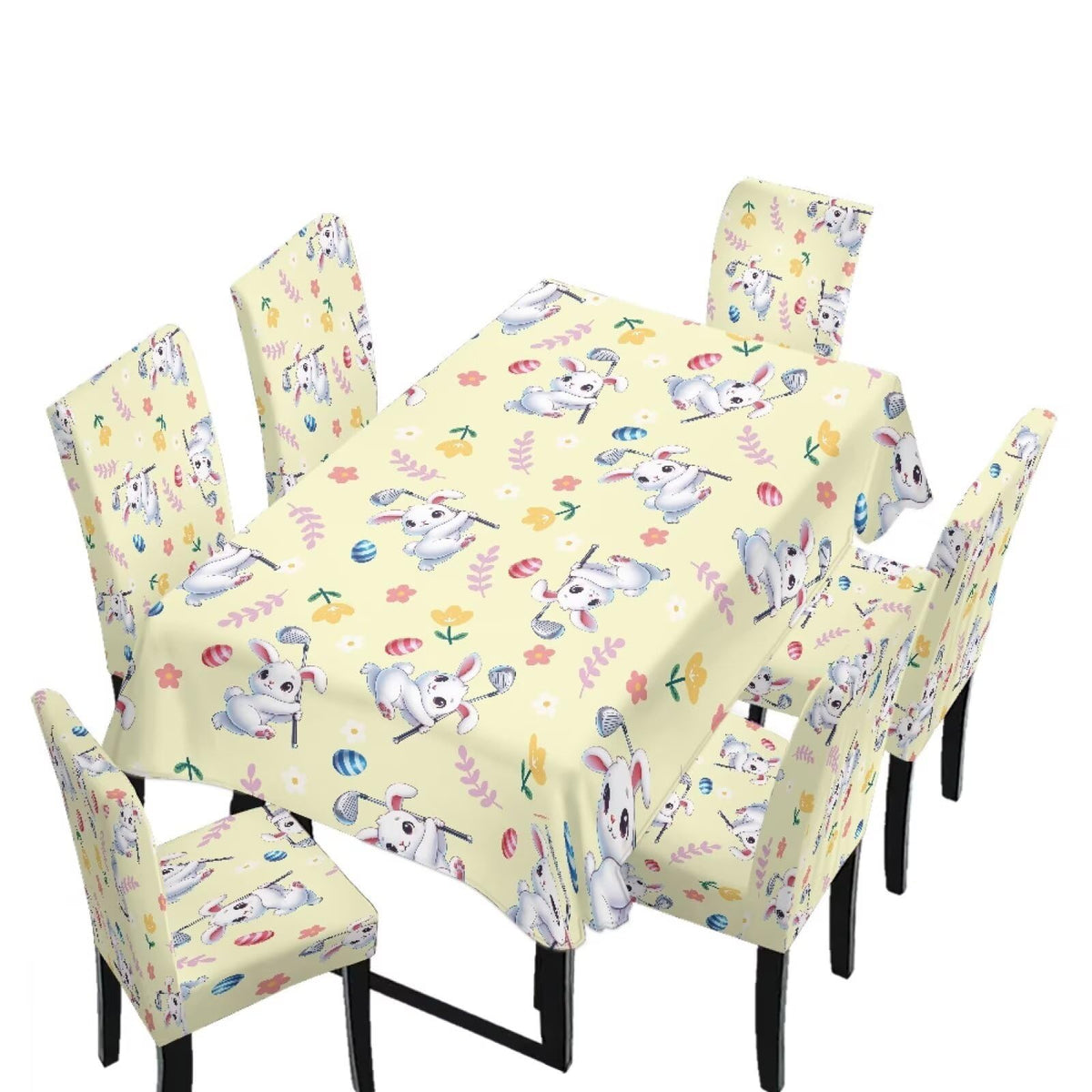 ZDCUSTOM Easter Table and Chair Covers for Parties Purple Bunny Dining Chairs Cover Daisy Tablecloths Rectangular for Easter Party