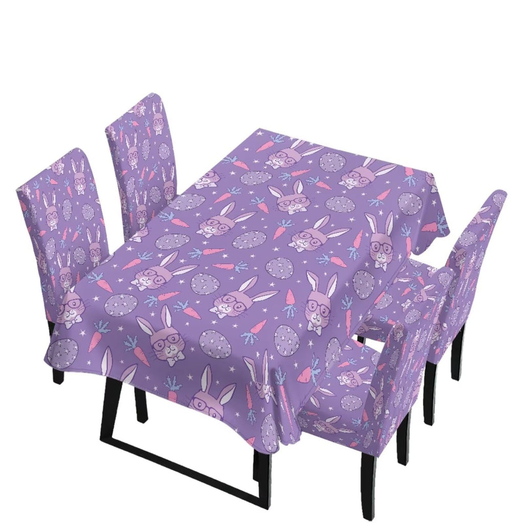 Table Cloth Rectangle Table Set of 5 Include Kitchen Chair Covers and Tablecloths for Dining Room Easter Decor, Anti-Scratch Chair Seat Protector Cover, Blue Cartoon Rabbit Carrot Dot