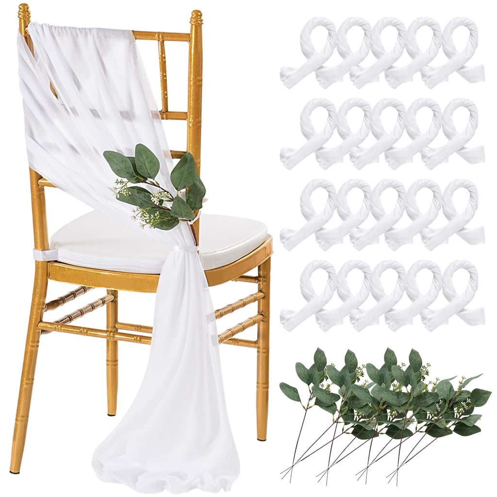 QueenDream White Chair Sashes Wedding Aisle Decorations: 24 Packs 8ft Long Draping Fabric Sheer Church Chair Cover Bulk for Party Banquet