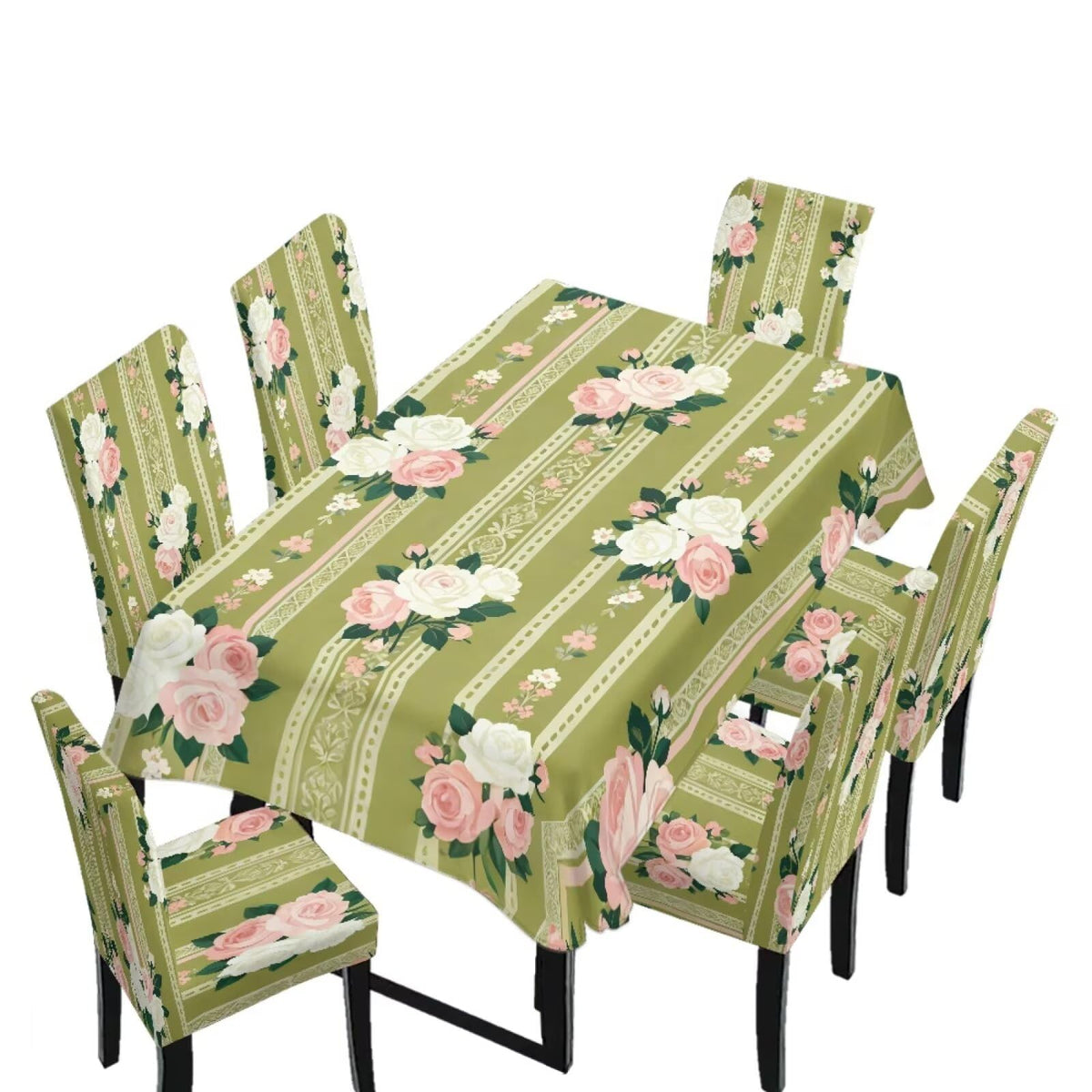 Dining Room Chair Cover and Tablecloths 7 Pack, Stain Resistant Stretch Kitchen Chair Seat Slipcovers Anti-Wrinkle Table Protector for Party, Pastoral Rose Flower Stripes Print Green