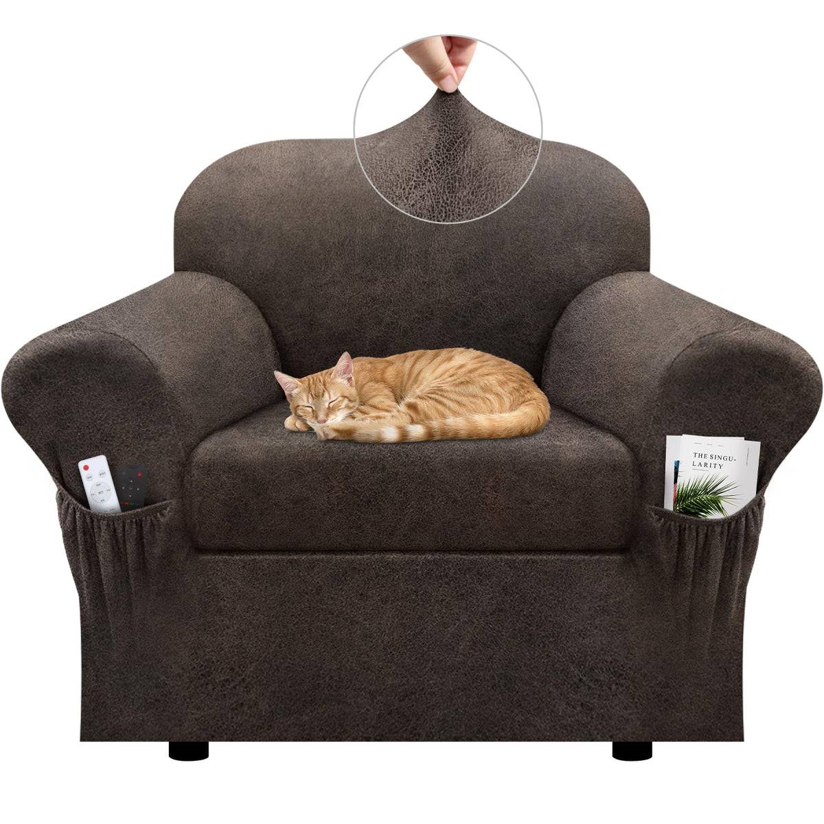 Loveseat Slipcover with Armrest Pockets 3-Piece Set, Stretch Faux Leather Love Seat Covers for 2-Cushion Couches(Fits 58-66") - Non-Slip, Machine Washable, Pet & Kid Friendly - Beige