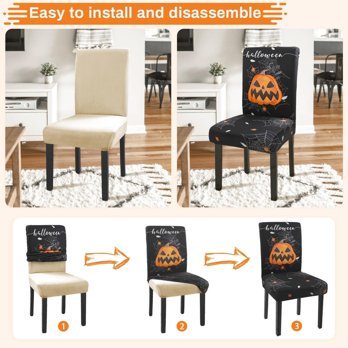 Halloween Chair Covers Set of 4 Pumpkin Ghost Spider Parsons Slipcovers