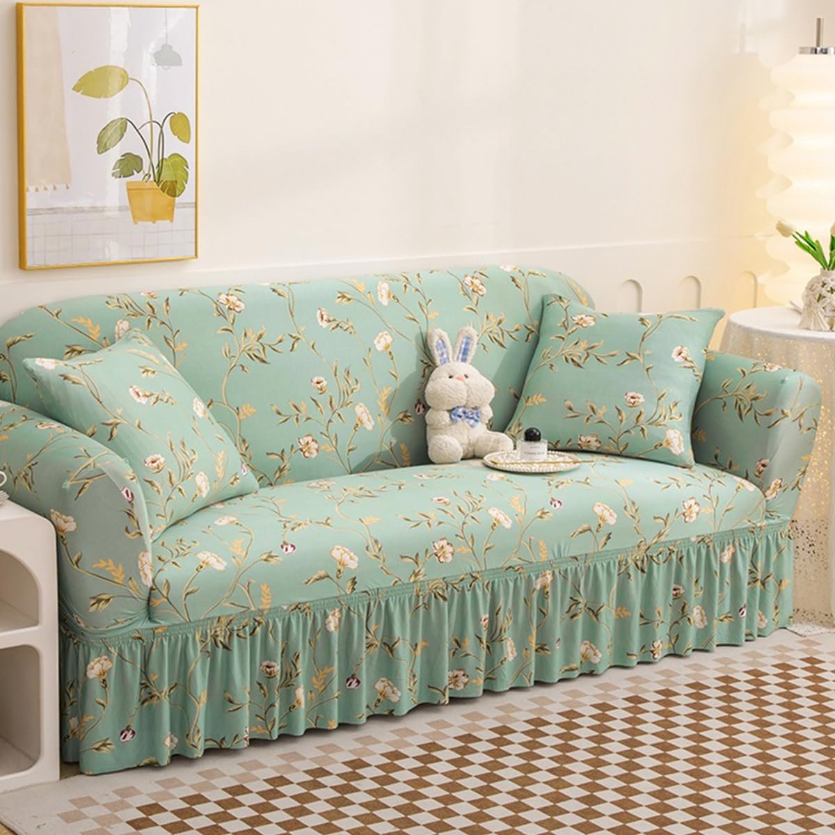 KAIJIE with Skirt 2-Seater Sofa Cover with Four Season Universal Polyester Fabric Jacquard Pattern Anti Slip and Anti pet Modern Furniture Protection Slipcover