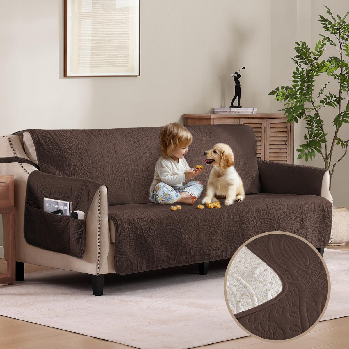 Beige Loveseat Covers for 2 Cushion Couch, Water-Repellent Quilted Covers for Sofa, Machine Washable Love Seat Couch Covers, Pet Friendly Loveseat Slipcovers (Loveseat 48", Beige Cream)