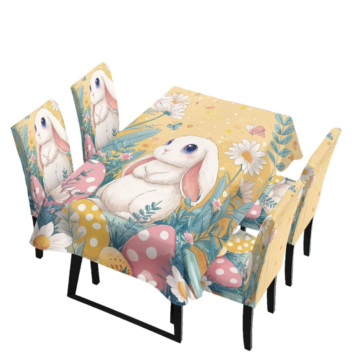 Table Cloth Rectangle Table Set of 7 Include Kitchen Chair Covers and Tablecloths for Dining Room Hotel Banquet, Anti-Scratch Chair Seat Protector Cover, Daisy Hippie Flower Print