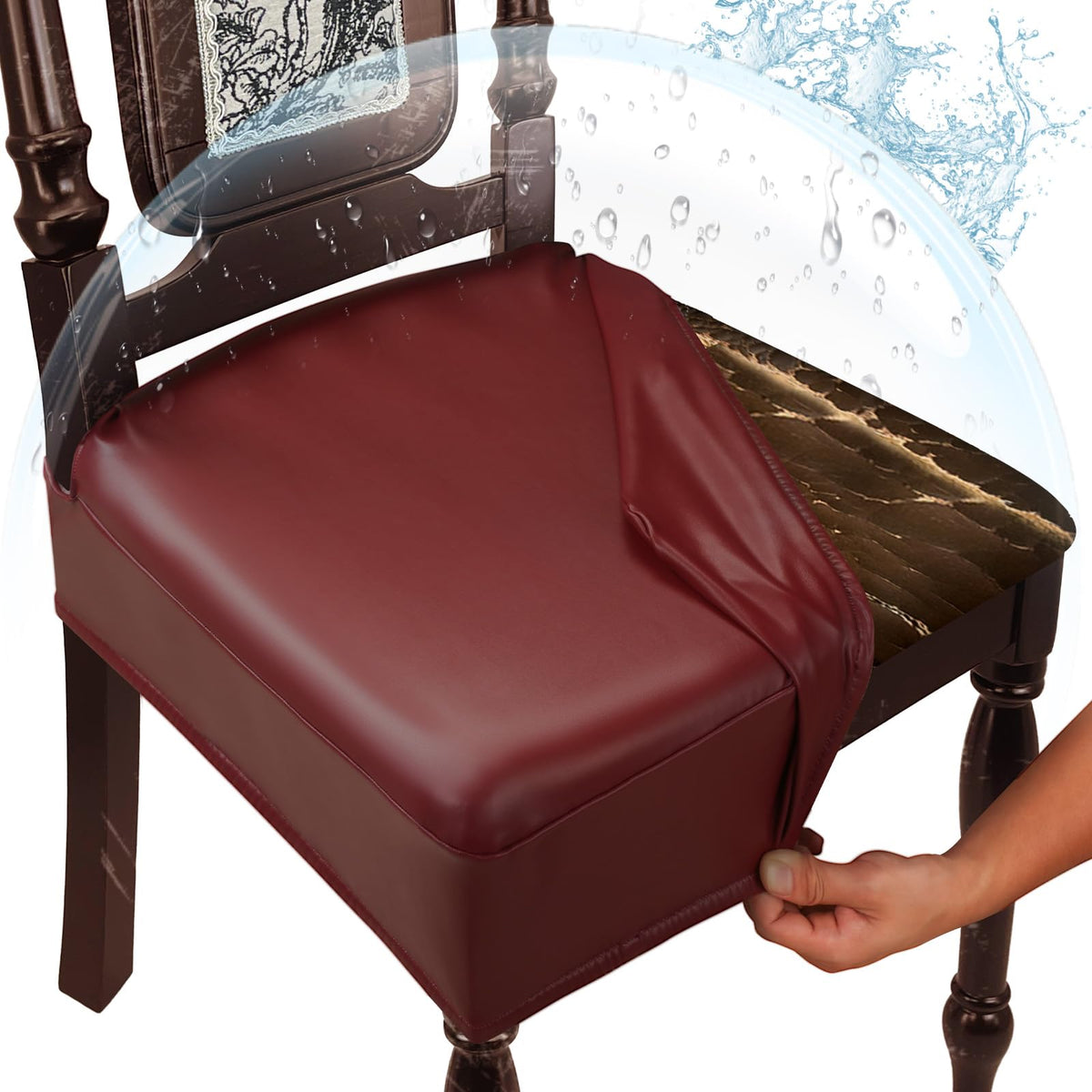 Waterproof Dining Chair Seat Covers Leather Kitchen Seat Covers, Stain Resistant Stretch Chair Seat Covers for Dining Room Chairs Set of 4, Rear Covered Washable Dining Chair Covers Black